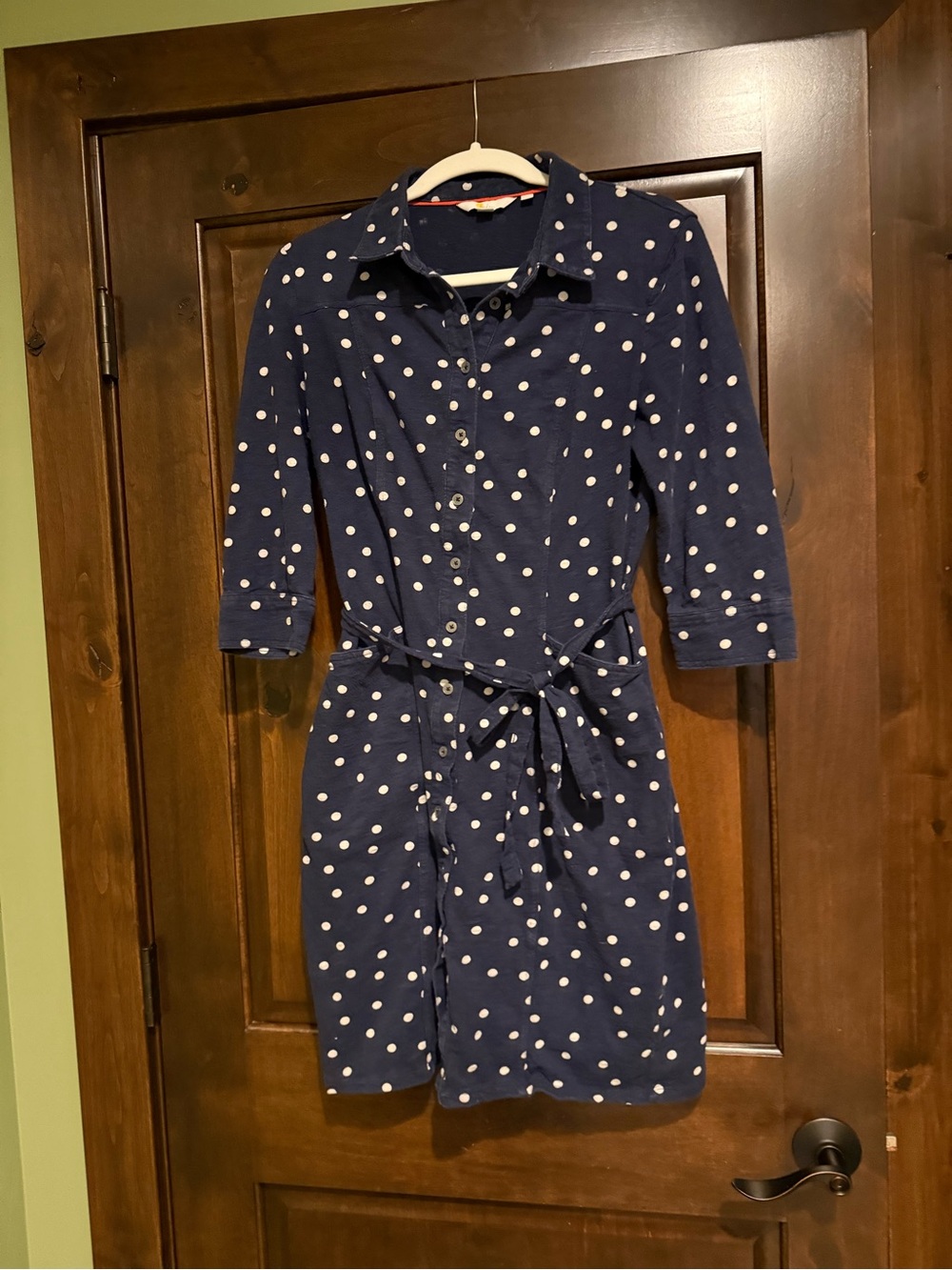 Boden Navy and White Polka Dot Shirt Dress with Tie Waist